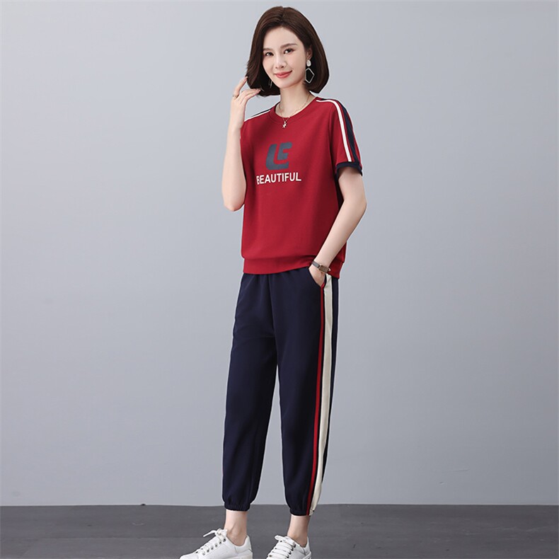 卫衣套装女2025夏季新款时尚休闲运动撞色中年妈妈短袖t恤两件套图片