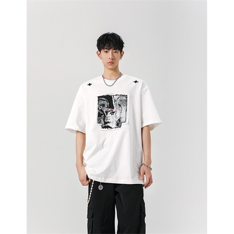 8XL-M美式街头风白色贴布男女情侣上衣短袖T恤半截袖DX330P48,男装T恤,电商D206-1