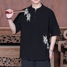 新中式大码男装衬衫风高级感刺绣立领短袖上衣T99-P65控89，男装T恤，电商A021