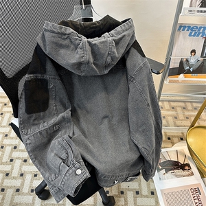 美式复古做旧拼接牛仔卫衣连帽外套潮牌欧美街头vint机车服男图片