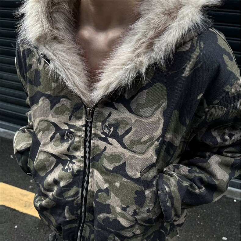网图现货美式复古高街潮流迷彩长毛夹棉保暖棉服2219/P115,男装棉衣,星座205-3