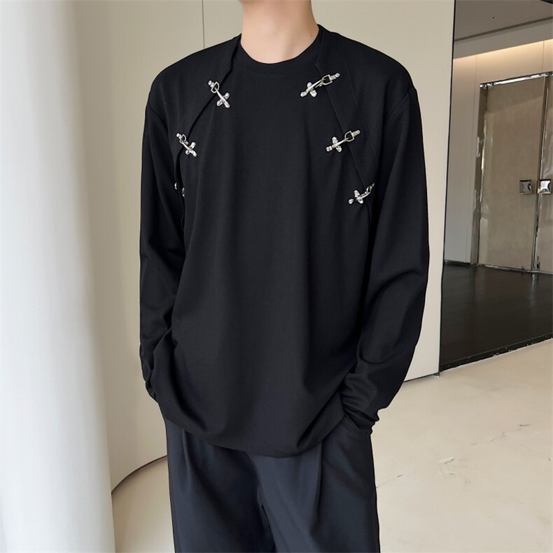 暗黑风圆领休闲长袖t恤金属卡扣装饰潮流宽松上衣A452--H110--P75,男装T恤,电商A452