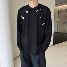 暗黑风圆领休闲长袖t恤金属卡扣装饰潮流宽松上衣A452--H110--P75，男装T恤，电商A452