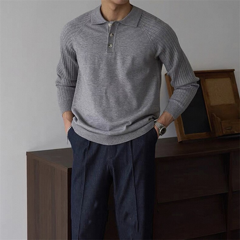 老钱风翻领针织衫毛衣插肩袖polo打底衫7082-P65，男装Polo衫，星座1012-1