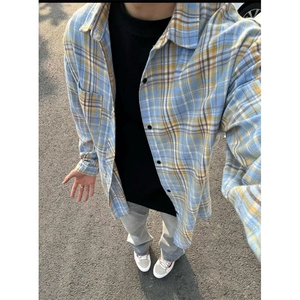 新款高质量蓝色格子衬衫男秋季美式复古春秋日系大码宽松CFR416