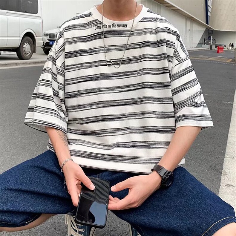 条纹T恤男士韩版潮流字母拼色2024夏季新款ins体恤ST312-P27,男装T恤,星座412-3