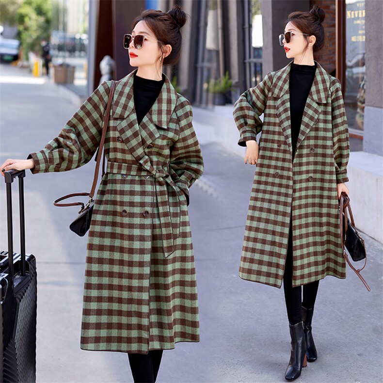 复古格子毛呢风衣女中长款2025秋冬新款系带收腰显瘦气质大衣外套，女装双面呢大衣，丽美静依