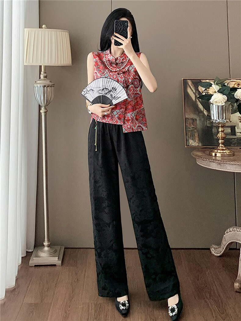 时尚套装女夏季新款新中式盘扣立领提花无袖上衣阔腿裤两件套,女装套装/套裙,江南