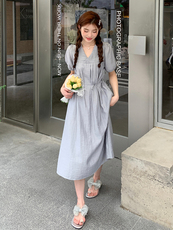 新款蓝灰色法式V领显瘦连衣裙【现货】5087-P125K178，女装连衣裙，浙宝192（原082）