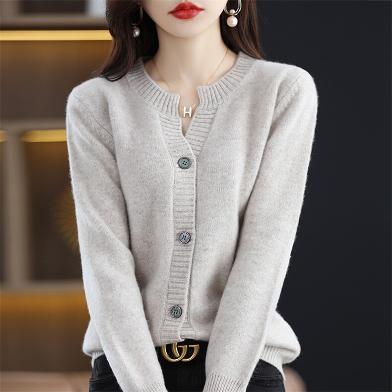 2025秋季新款100%纯棉线开衫女圆领纯色毛衣宽松百搭针织上衣外套，女装羊毛衫，冀清阳荣