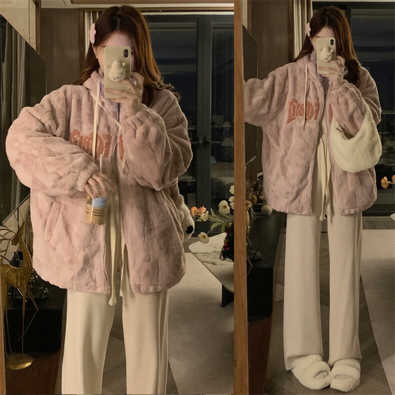 C913-P165加绒加厚毛茸茸兔毛高级感棉服美式复古刺绣羊羔毛外套图片