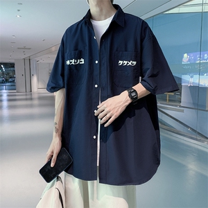 短袖衬衫日系风男女情侣装宽松防晒工装潮流青少年五分袖休闲衬衣图片
