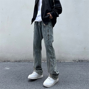 美式高街vibe风直筒长裤欧美痞帅男hiphop复古水洗牛仔裤图片