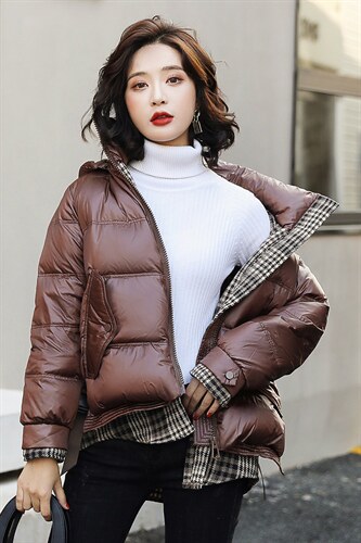 2024冬季新款时尚气质百搭立领保暖舒适格纹连帽短款羽绒服，女装羽绒服，卡杰菲
