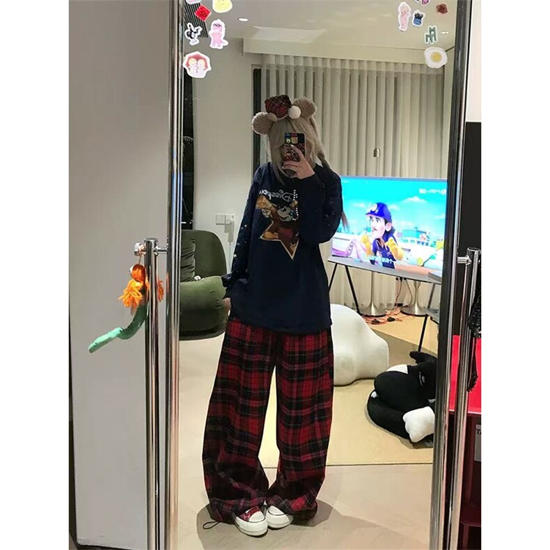 网图有货美式复古撞色格子抽绳松紧腰宽松阔腿裤男女A1324-P48,男装休闲裤,星座1505
