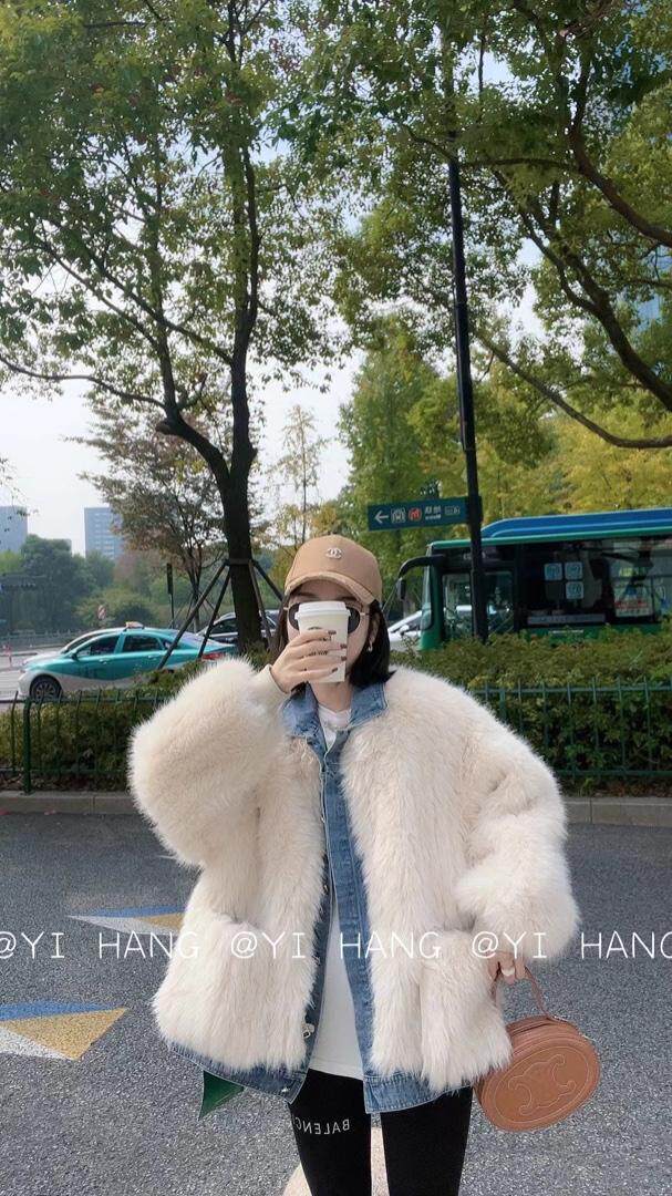 皮草拼牛仔外套，女装皮草，一杭