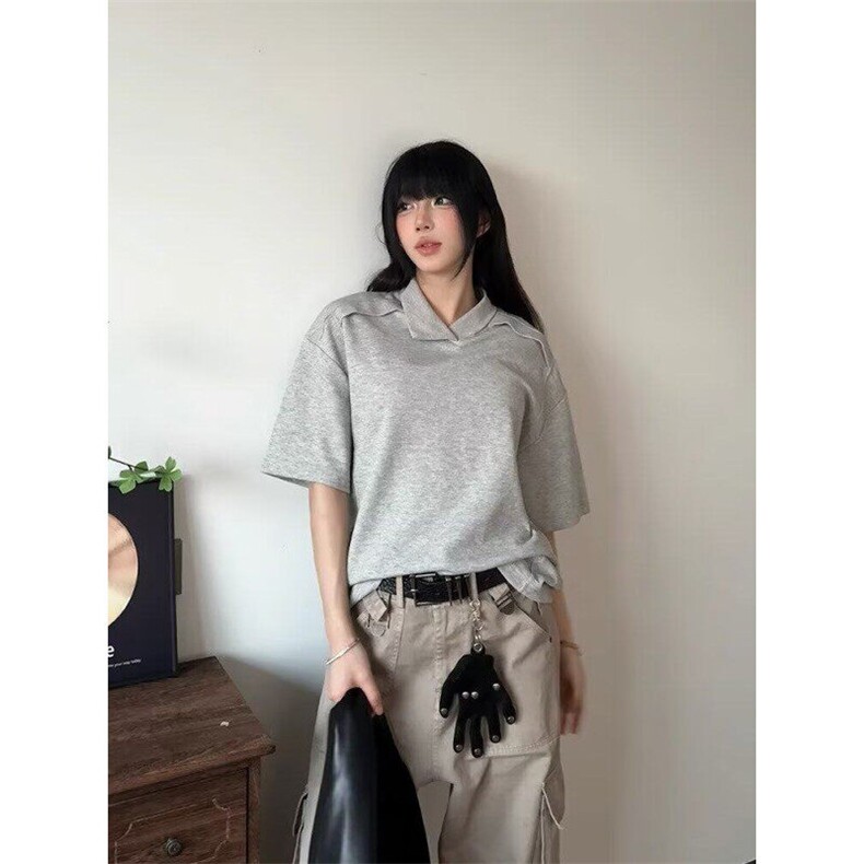 网络图现货 不规则翻领纯色宽松t恤男夏季休闲百搭短袖R5001-P38图片