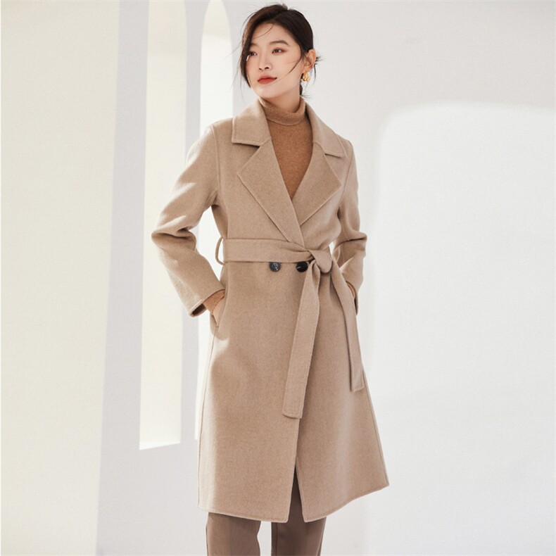 亲肤百搭长款口袋外套羊毛双面呢女士柔软,女装双面呢大衣,牧绒庄园
