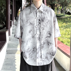 现货新中式复古短袖衬衫 竹叶水墨画印花大码CS33-P65-控88图片