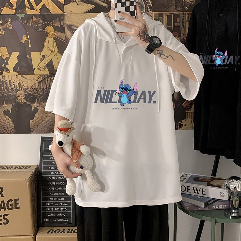 LD54173-P45 连帽短袖t恤男大码胖子带帽五分袖中袖 海报风图片