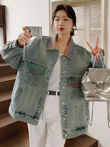 美式复古牛仔外套女2025春季新款盐系宽松小个子休闲渐变夹克上衣图片