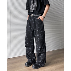 牛仔裤男款高街微喇工装长裤美式涂鸦拖地裤子N1151-P50，男装牛仔裤，星座308B-2