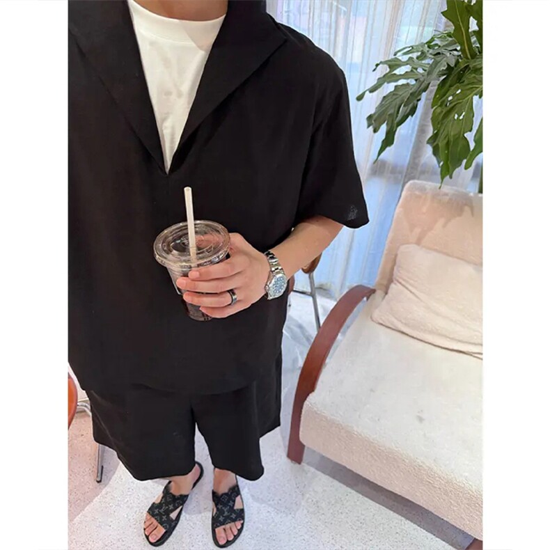 假两件v领短袖衬衫套装男夏季轻奢老钱风穿搭短裤天丝亚麻一整套，男装休闲套装，电商A001-1