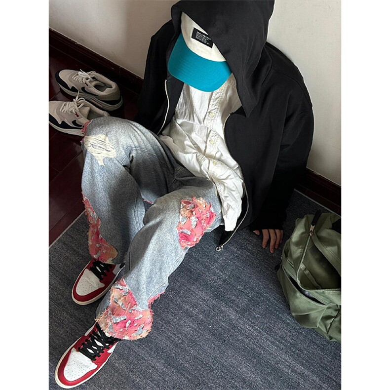 晚霞蕾丝拼接牛仔裤高级感设计感休闲直筒裤NZ03特P52,男装牛仔裤,星座908-1