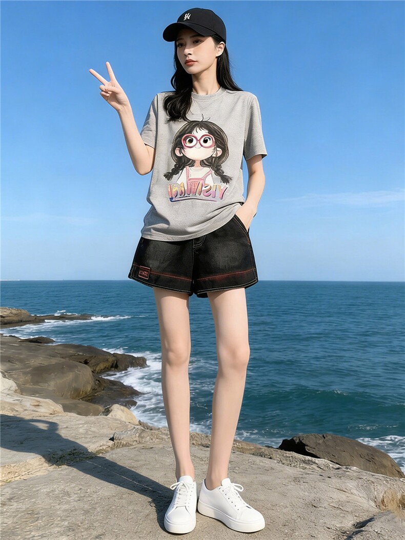 学院风网红运动套装女夏新款圆领卡通印花短袖阔腿牛仔短裤两件套,女装套装/套裙,江南