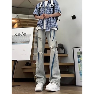 扎染破洞牛仔裤男款夏季潮牌痞帅炸街裤子美式高街显瘦直筒微喇裤图片
