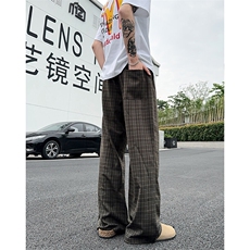 XK468-P35灰色格子裤男夏季薄款慵懒松弛感美式休闲阔腿直筒裤，男装休闲裤，电商A178