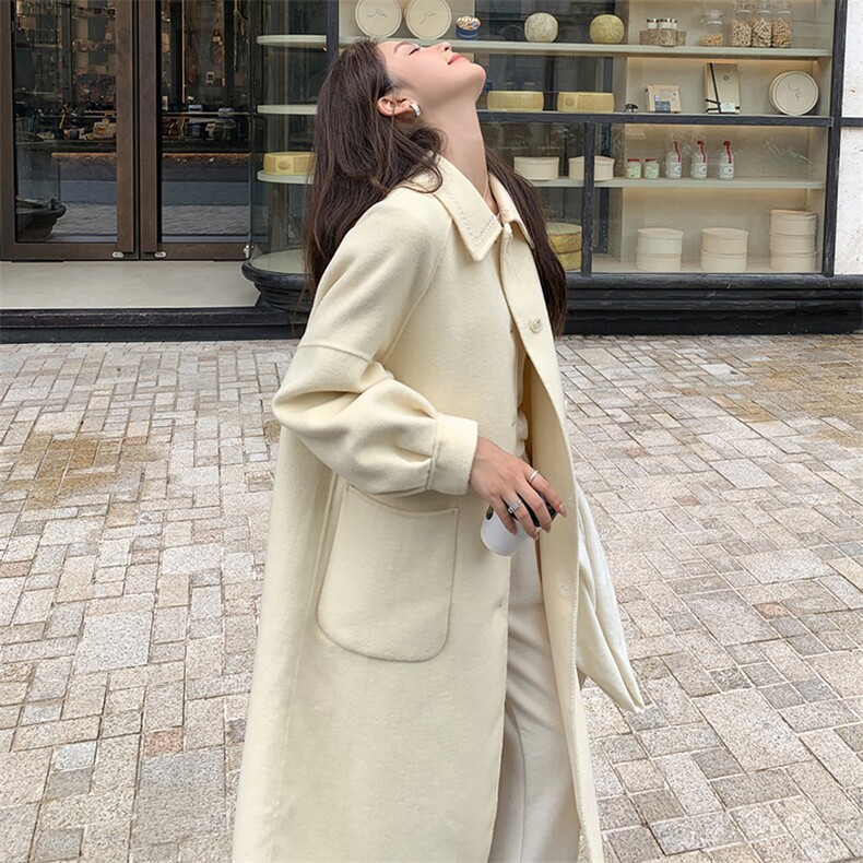 高级感双面羊毛呢子大衣女钉珠红色小香风休闲中长款韩系毛呢外套,女装双面呢大衣,丝露怡语
