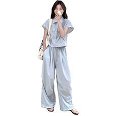 可盐可甜休闲套装女2025夏季新款韩系无袖衬衫阔腿裤小个子两件套，女装套装/套裙，2C088