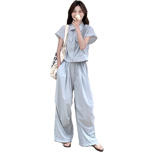 可盐可甜休闲套装女2025夏季新款韩系无袖衬衫阔腿裤小个子两件套图片