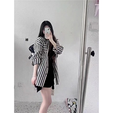 2025夏季薄款森系复古黑色辣妹条纹衬衫女休闲慵懒风新款衬衣潮，男装衬衫，星座1210-1