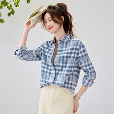 2026春夏新款蓝白格纹衬衫女学院风宽松慵懒风叠穿衬衣透气纯棉，女装衬衫，艾米