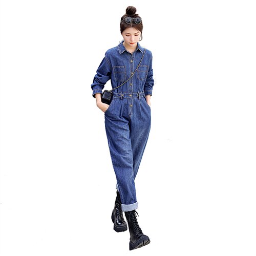 时尚显瘦牛仔连体裤女宽松高腰长袖工装裤图片