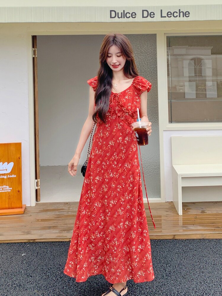 法式复古红色连衣裙女2025夏季新款超好看时尚设计感气质波点长裙,女装连衣裙,莘蕾