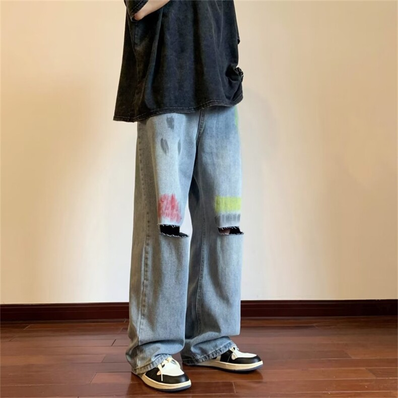 彩色喷漆破洞直筒牛仔裤男款夏季高松设计感高街阔腿裤N9193-P45图片