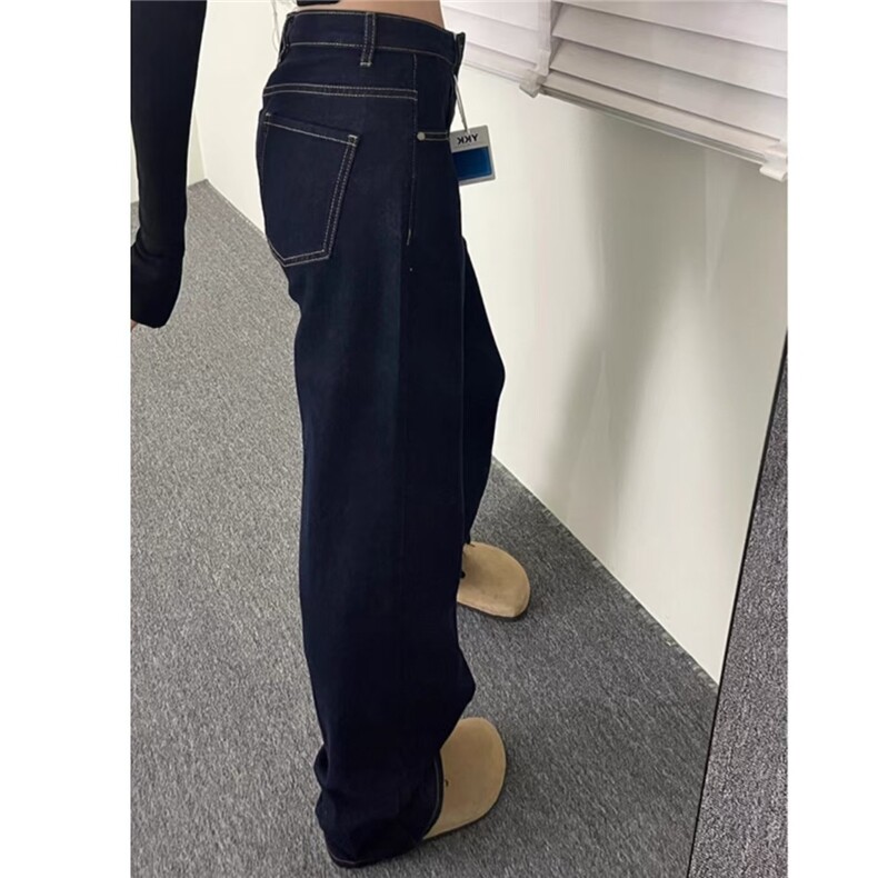 2025春秋深蓝色阔腿牛仔裤女新款高腰显瘦宽松通勤拖地垂感长裤,男装牛仔裤,星座1210-1