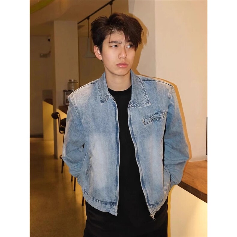 美式复古宽松牛仔外套男款春秋季vintage高级感翻领拉链短款夹克,男装工装外套,星座506A