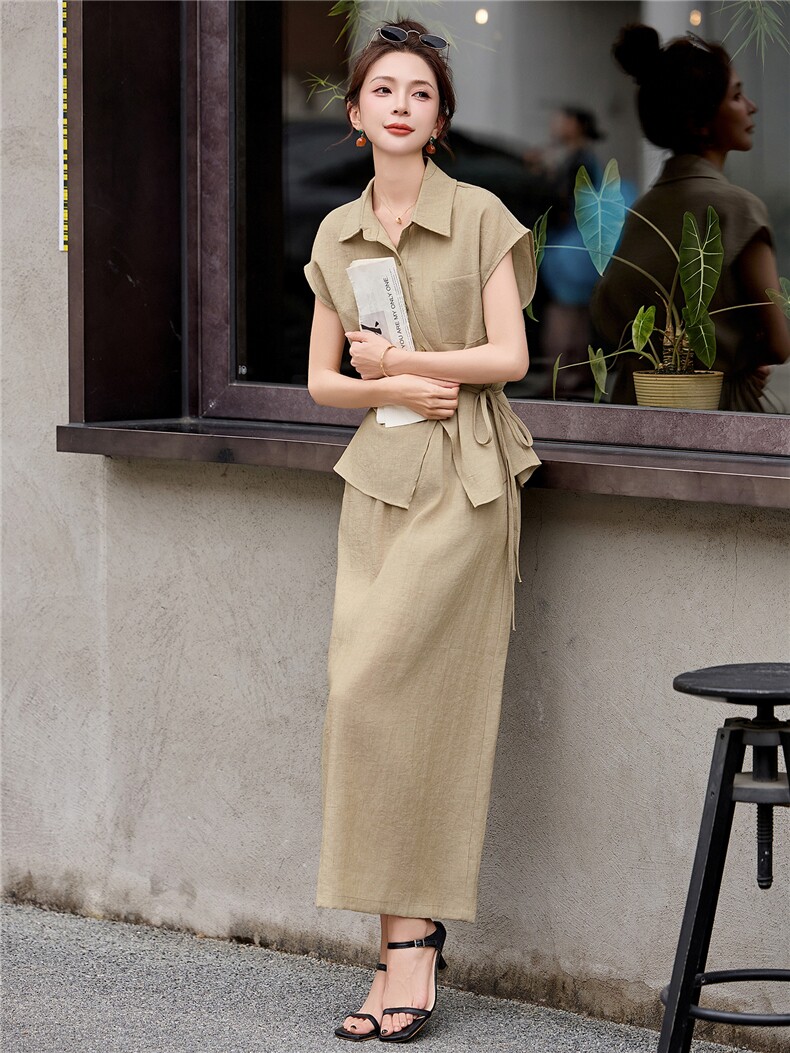 新款时尚高端优雅气质女人味麻料两件套套裙,女装套装/套裙,布芭啦