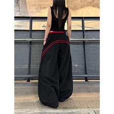 美式双腰头挂件弯刀卫裤男女杠条拼接宽松拖地阔腿裤潮CB3161，男装休闲裤，星座516A
