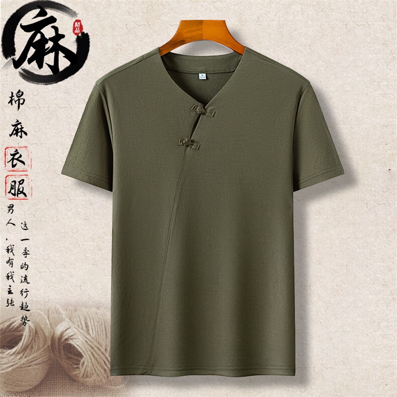 长年货棉麻短袖T恤男士中青年风盘扣复古夏体恤半袖上衣,男装T恤,钱塘723