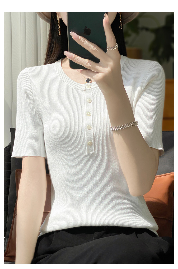 圆领坑条曲竹冰丝针织短袖女纯色纽扣半袖T恤宽松亮丝上衣打底衫，女装T恤，九嘉羊绒