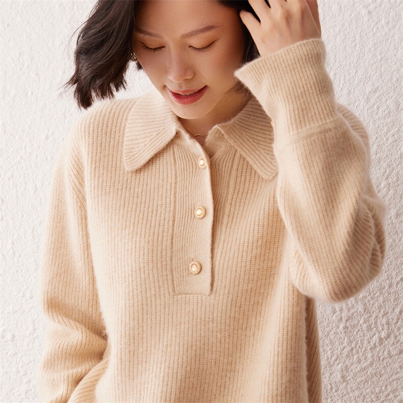 2024秋季新款七针元宝针POLO领长袖35%羊绒衫复古休闲,女装羊绒衫,雪真羊绒高端店