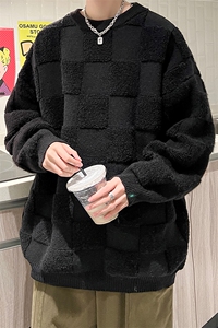8XL-M特大码美式街头设计感毛巾绣格子毛衣男女情侣MY1204P50控68图片