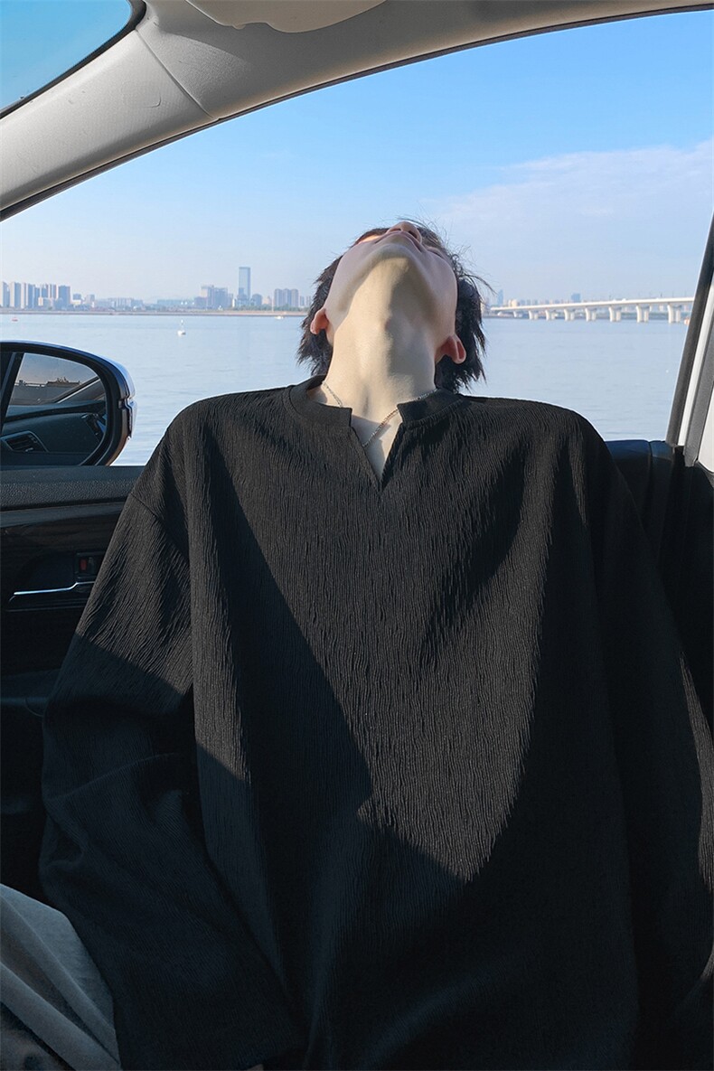 T5112改长袖T51121百搭V领纹理感港风宽松长袖T恤男-特P24控48,男装T恤,电商A001-1