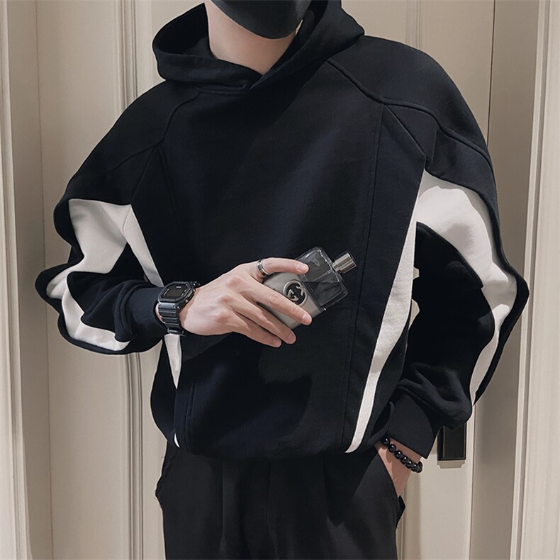 AW96/P78控108秋季社会小伙连帽拼接撞色结构长袖卫衣男黑首,男装卫衣,星座305B-1