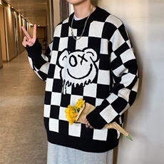M3119-P80冬装加厚棋盘格休闲百搭毛衣男女情侣宽松针织衫控98，男装针织衫/毛衣，电商A009A（原A058A）